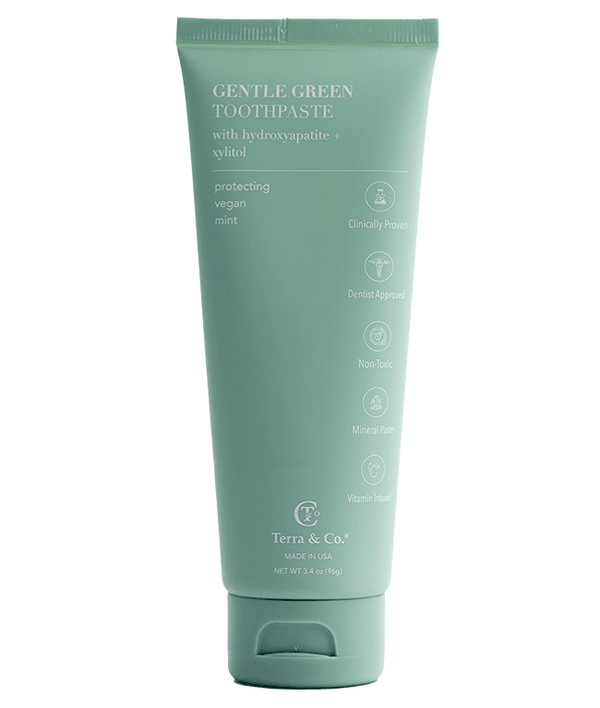 Terra & Co. Gentle Green Toothpaste with hydroxyapatite, B12, and mint oils in eco-friendly packaging