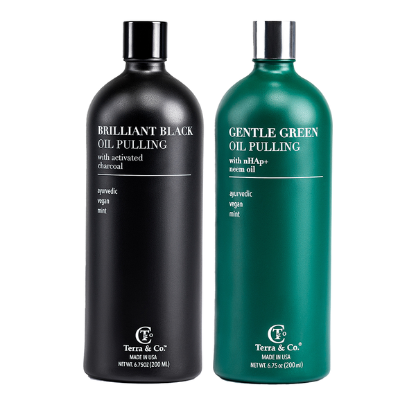 Terra & Co. oil pulling mouthwash duo: Brilliant Black with activated charcoal and Gentle Green with hydroxyapatite for sensitive teeth and gum health