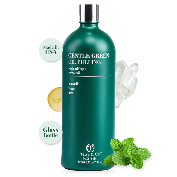 Terra & Co. Gentle Green® oil pulling with nHAp and neem oil, 6.75 oz green glass bottle with oil drop, hydroxyapatite crystals and fresh mint – Made in USA, glass bottle