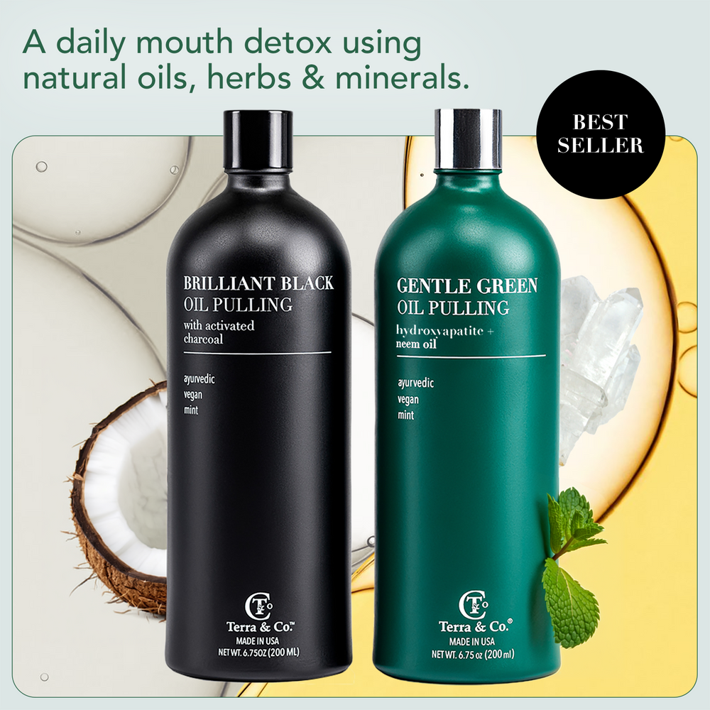 Terra & Co. Brilliant Black and Gentle Green oil pulling bottles – fluoride-free Ayurvedic mouth detox formulated with natural cold-pressed oils to support oral microbiome balance, fresh breath, and enamel protection.