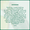Five-star customer review of Terra & Co. oil pulling bundle praising fresher breath, healthier gums, and a noticeable difference after adding natural oil pulling to their daily oral care routine.