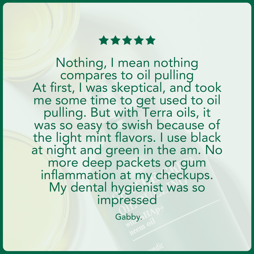 Five-star customer review of Terra & Co. oil pulling bundle praising fresher breath, healthier gums, and a noticeable difference after adding natural oil pulling to their daily oral care routine.