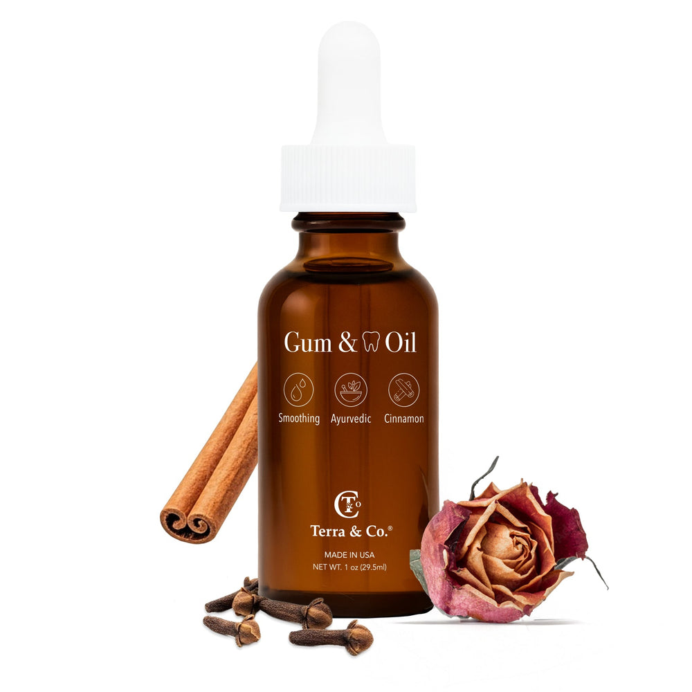 Terra & Co. Limited Edition Cinnamon Gum & Tooth Oil bottle – fluoride-free Ayurvedic oral care for advanced gum health, enamel support, and fresh breath