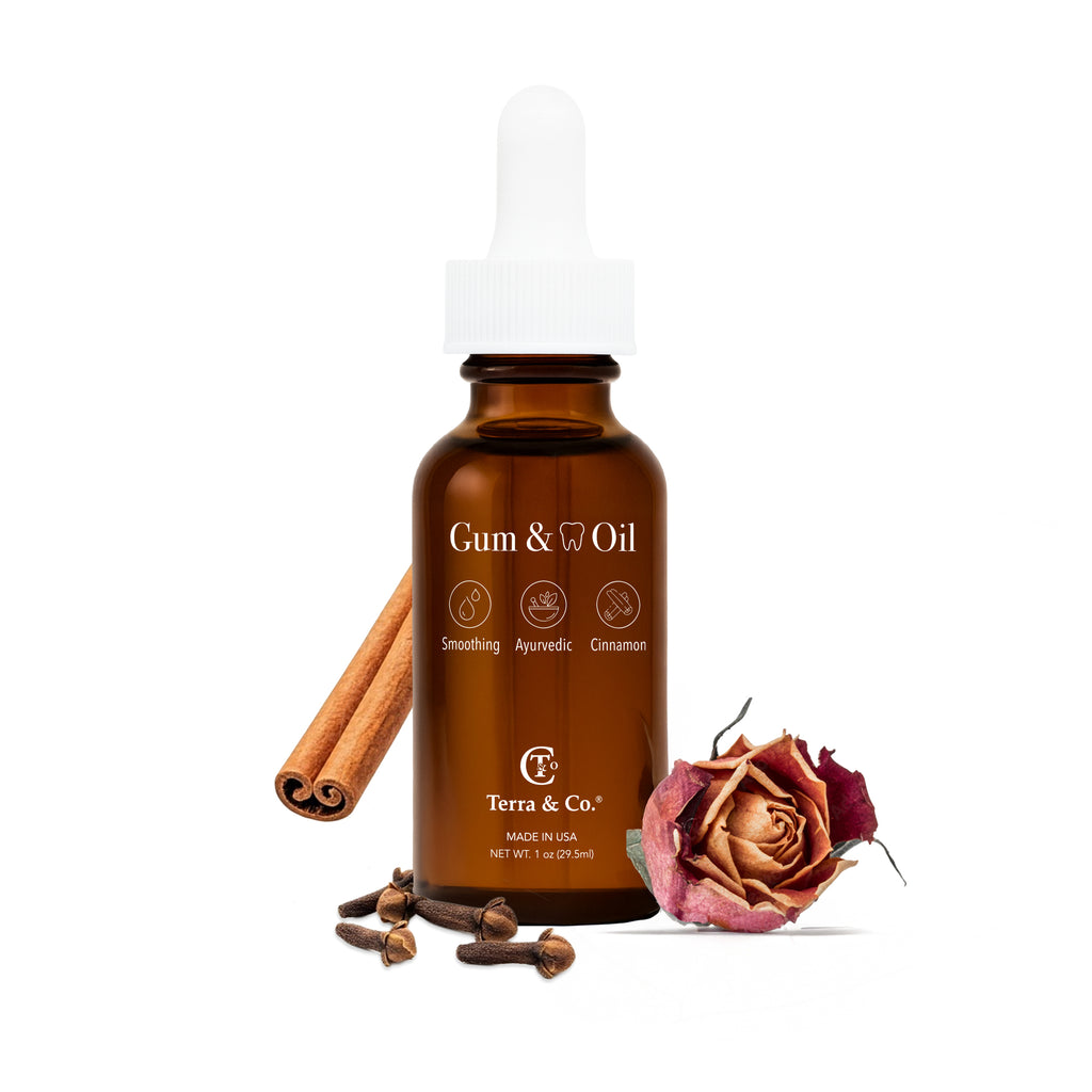 Terra & Co. Limited Edition Cinnamon Gum & Tooth Oil bottle – fluoride-free Ayurvedic oral care for advanced gum health, enamel support, and fresh breath