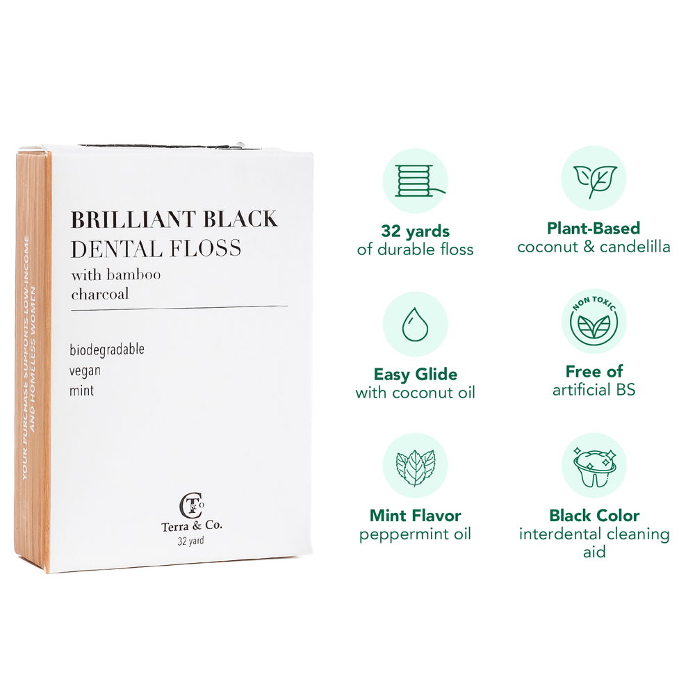 Features of Brilliant Black® Dental Floss: charcoal-infused, bamboo fiber, fluoride-free, PFAS-free, biodegradable, and vegan
