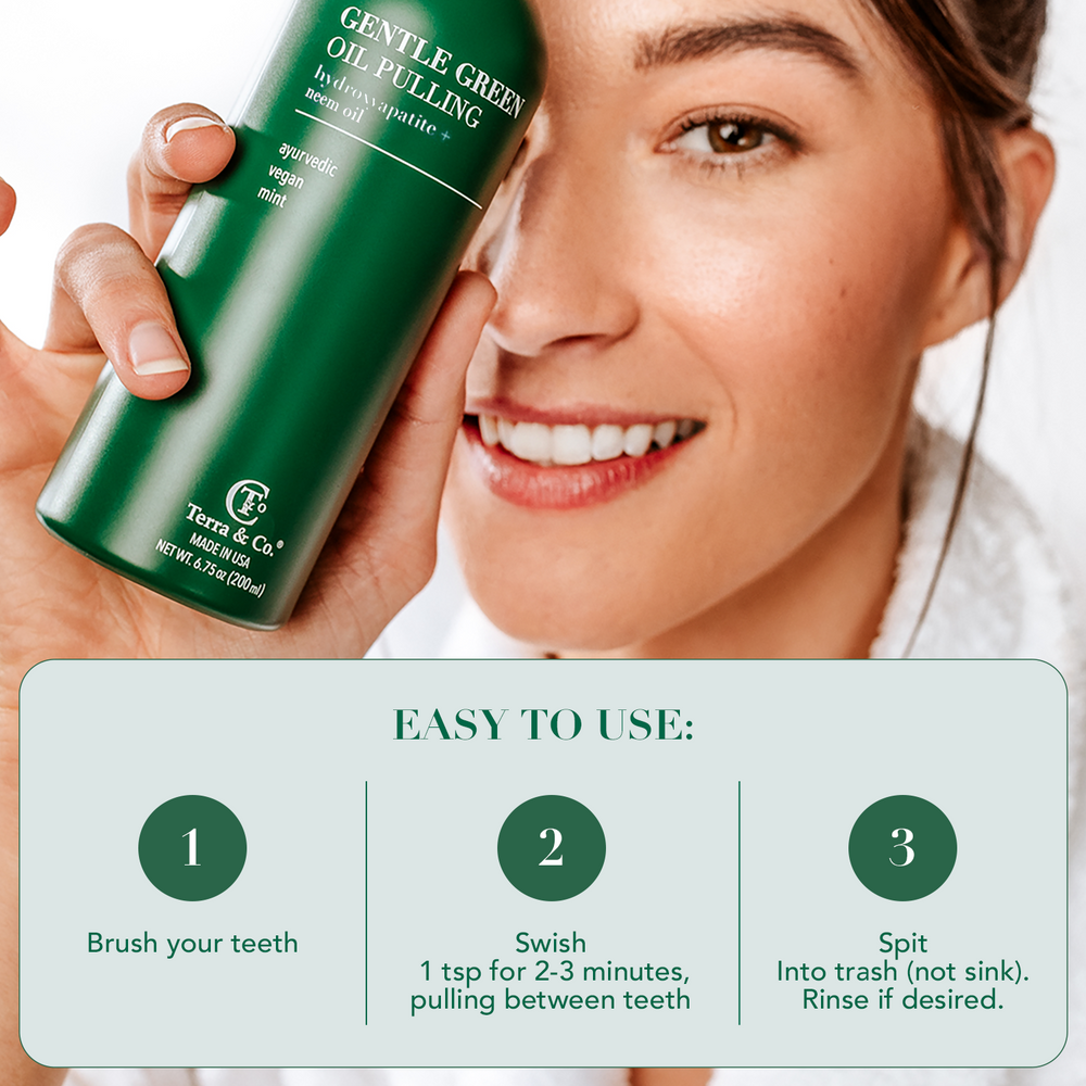 Three-step oil pulling routine with Terra & Co.: swish natural cold-pressed oils for several minutes, spit out safely, then brush teeth to support oral microbiome balance and fresh breath.