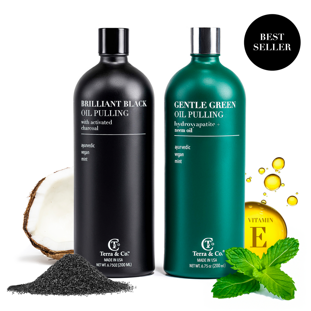 Oil pulling bundle featuring Gentle Green with nano-hydroxyapatite and Brilliant Black with activated charcoal for detox, whitening, and enamel support
