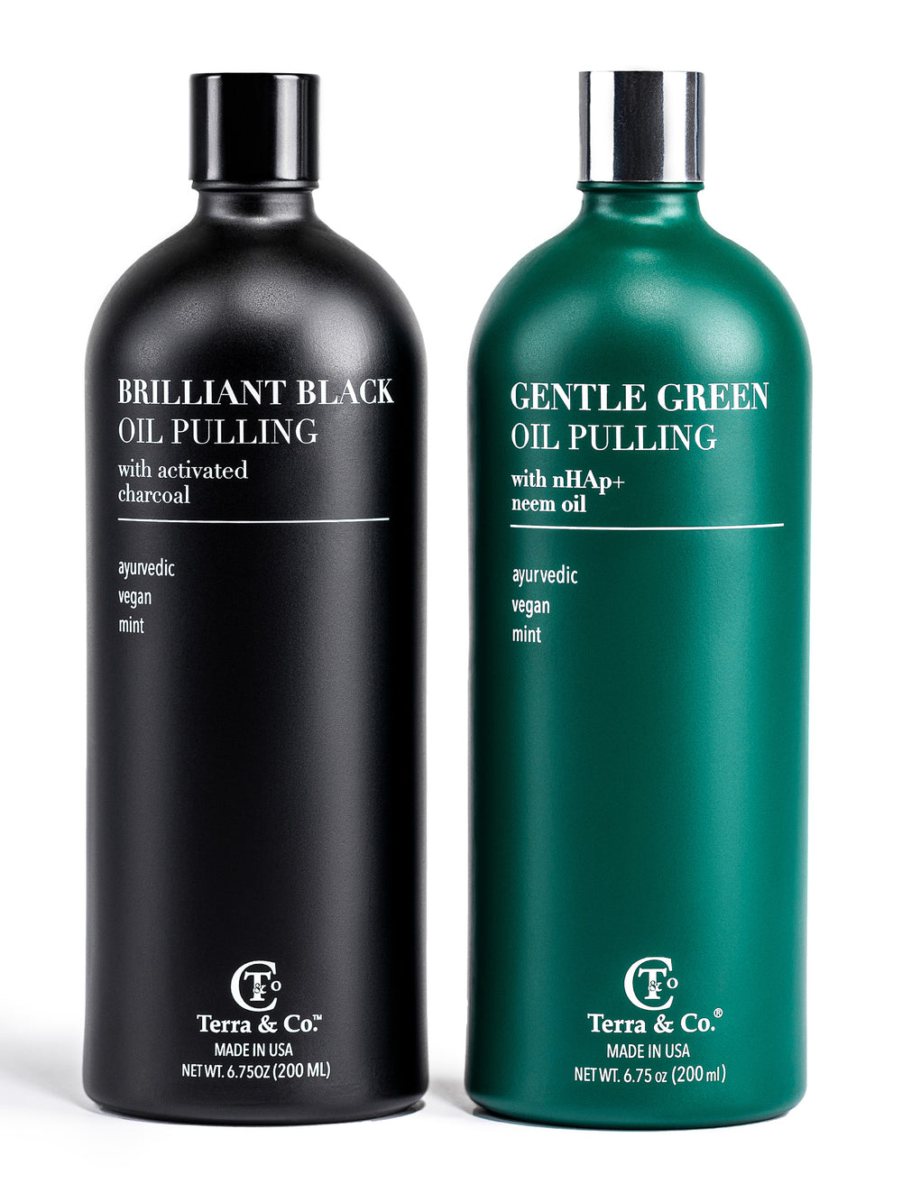 Terra & Co. Ayurvedic Oil Pulling Set – Brilliant Black® charcoal and Gentle Green® neem oil pulling, 2 × 6.75 oz glass bottles