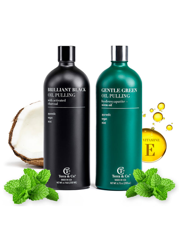 Terra & Co. Ayurvedic Oil Pulling Set – Brilliant Black® charcoal whitening oil and Gentle Green® hydroxyapatite and neem oil, 2 × 6.75 oz glass bottles with coconut, fresh mint and vitamin E