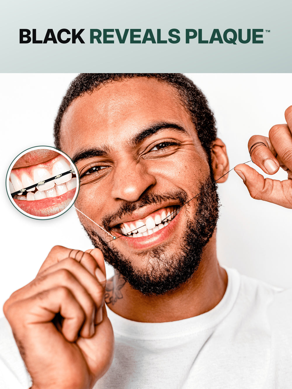 Black Reveals Plaque™ – man flossing with Brilliant Black® black charcoal dental floss; magnified close-up shows plaque removed from between teeth
