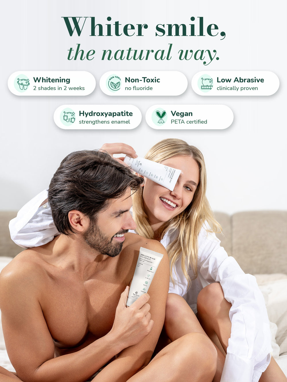 Couple smiling with Brilliant Black® Toothpaste – whitening 2 shades in 2 weeks, non-toxic fluoride-free, clinically proven low abrasive, hydroxyapatite strengthens enamel, vegan PETA certified