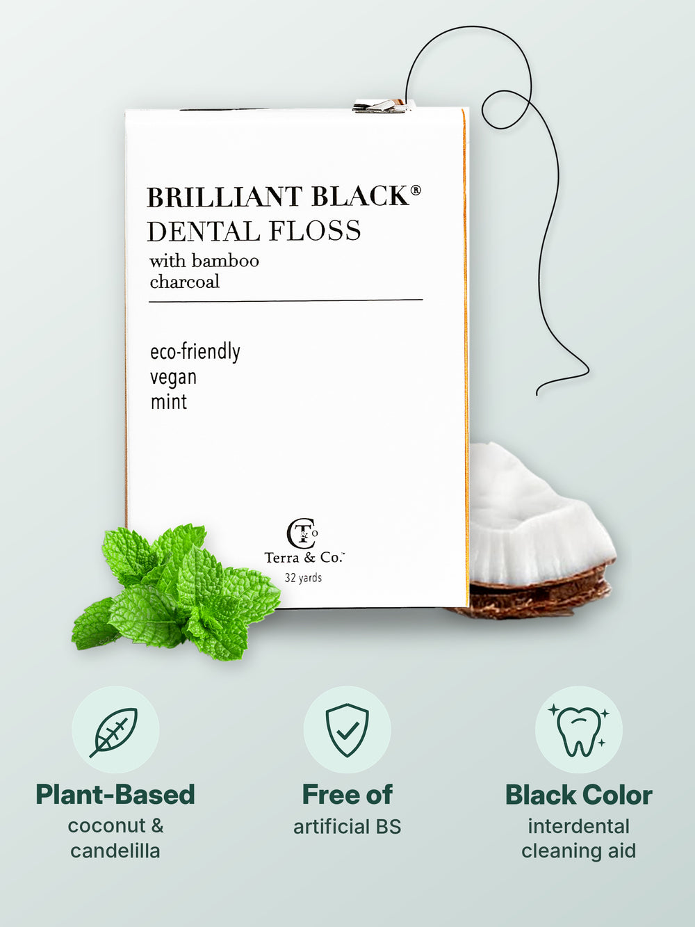Brilliant Black® charcoal bamboo dental floss benefits – plant-based coconut oil and candelilla wax, free of artificial ingredients, black floss for cleaning between teeth