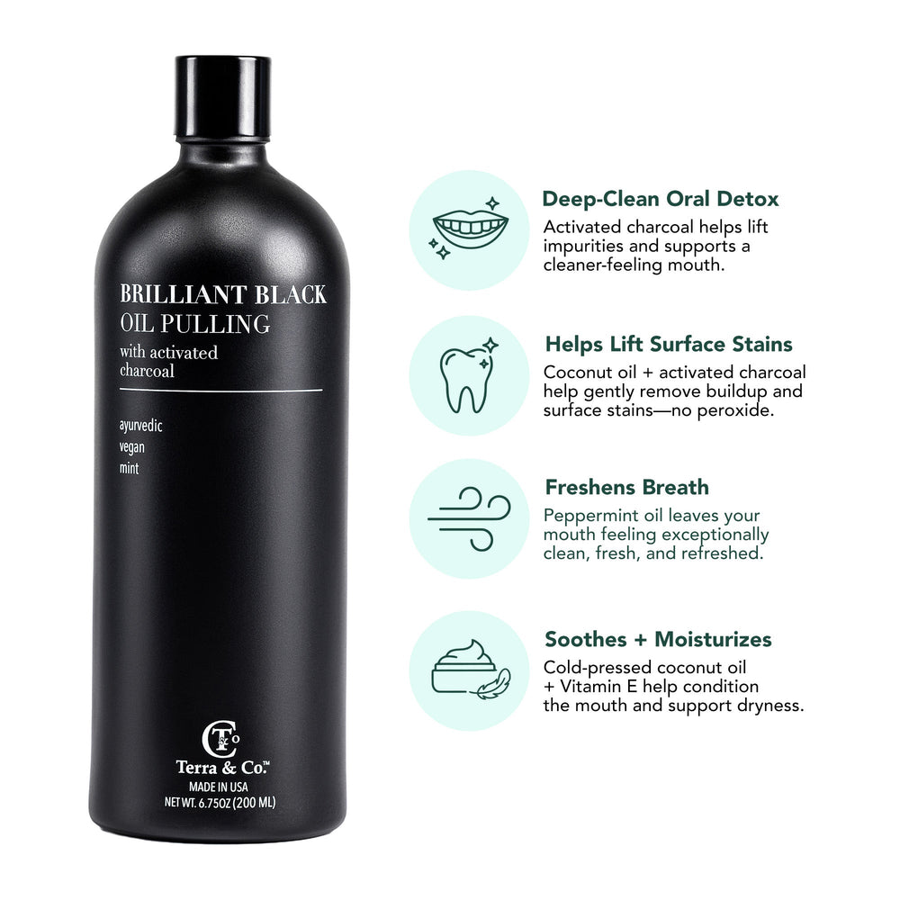 Terra & Co. Brilliant Black oil pulling with activated charcoal: deep-clean oral detox, helps lift surface stains, freshens breath, soothes and moisturizes