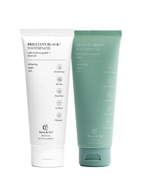 Terra & Co.® fluoride-free toothpaste duo – Gentle Green for sensitive teeth and Brilliant Black® for natural charcoal whitening