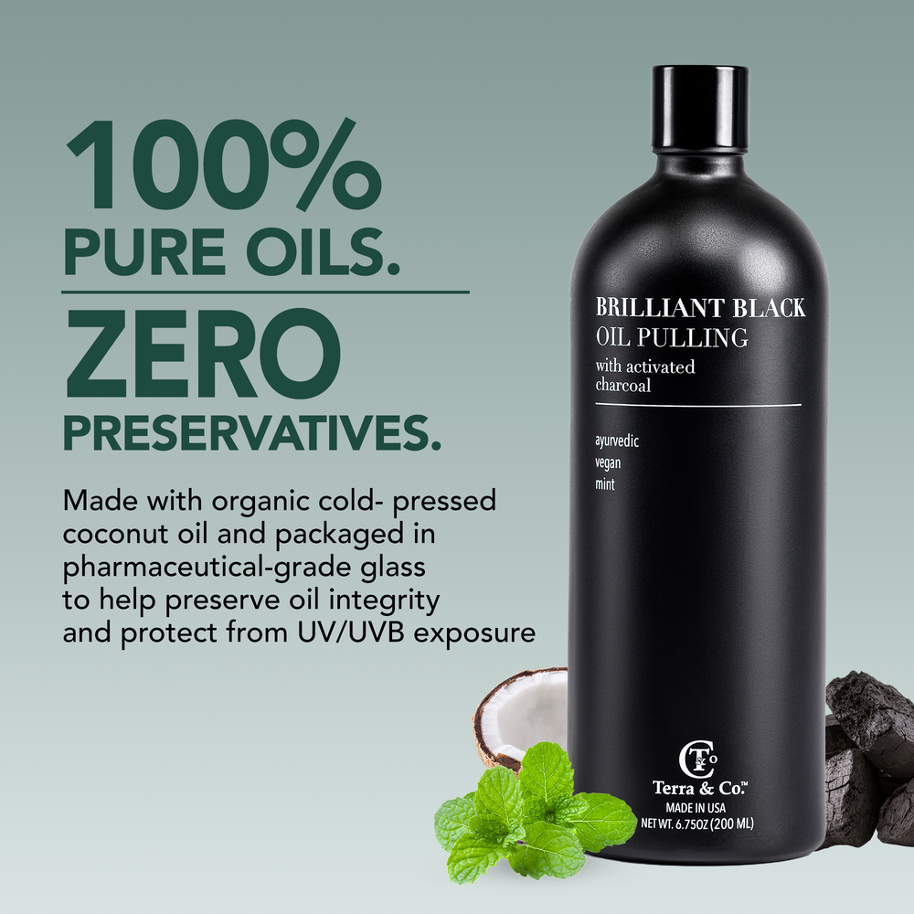 Terra & Co. Brilliant Black charcoal oil pulling: 100% pure oils, zero preservatives, made with organic cold-pressed coconut oil in UV-protective pharmaceutical-grade glass