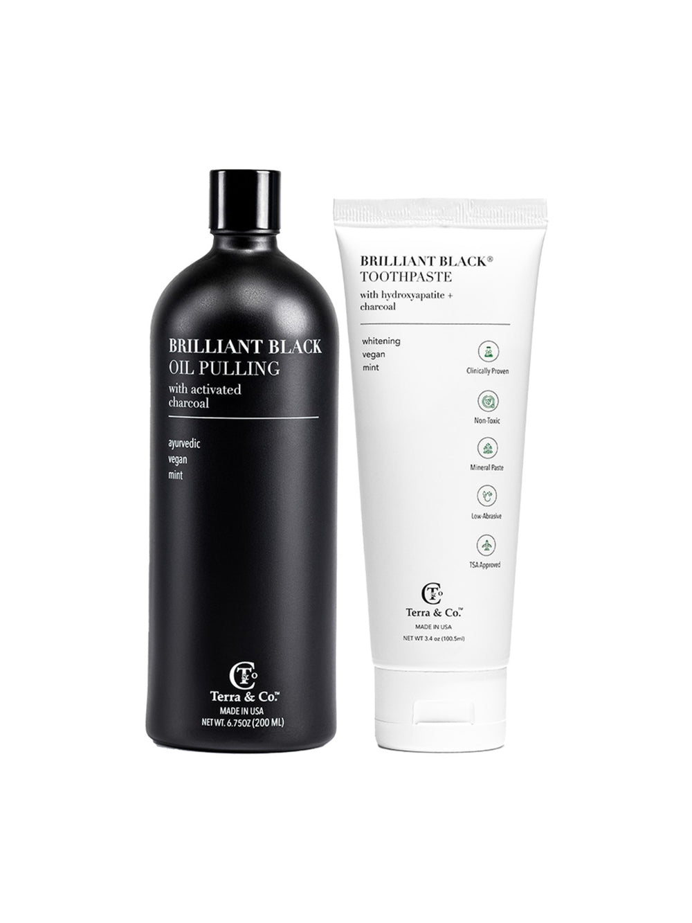 Brilliant Black® oil pulling and toothpaste duo by Terra & Co. – fluoride-free activated charcoal oral care