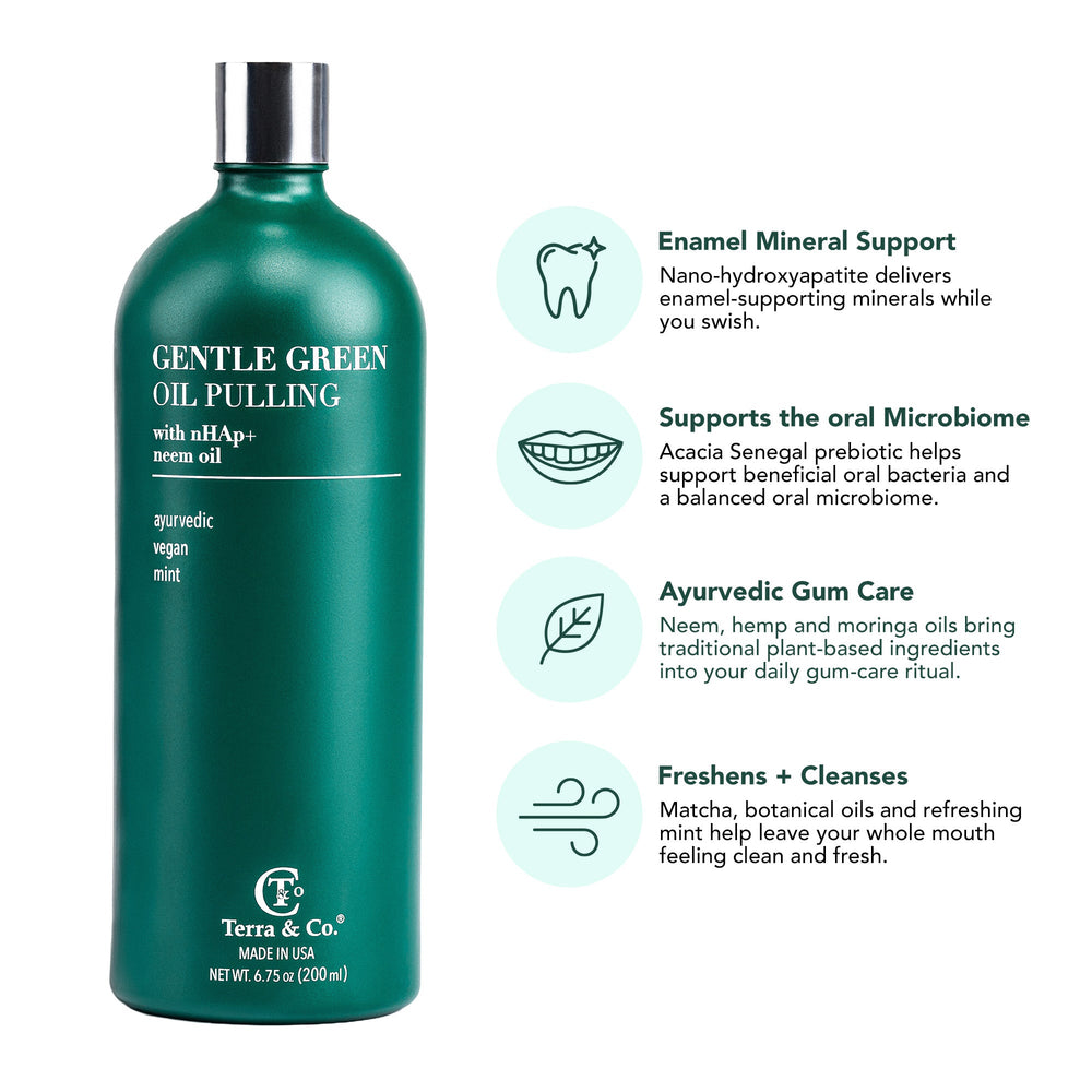 Terra & Co. Gentle Green oil pulling with nano-hydroxyapatite and neem oil: enamel mineral support, oral microbiome support, Ayurvedic gum care, freshens and cleanses