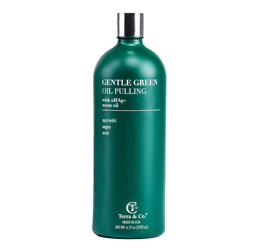 Gentle Green Oil Pulling Mouthwash with nano-hydroxyapatite for enamel repair, in eco-friendly UV-protected glass bottle