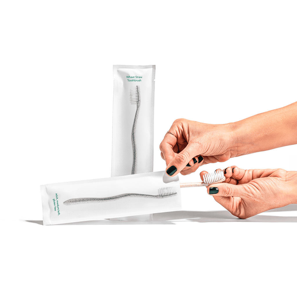 Biodegradable Gentle Green Toothbrush made from wheat straw, corn husk, and corn starch with soft nylon bristles