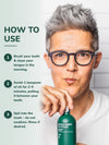 How to oil pull in 3 steps with Gentle Green® oil pulling – brush, swish 1 teaspoon for 2–5 minutes, then spit in the trash