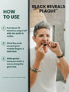 How to use Brilliant Black® charcoal bamboo dental floss – woman flossing in the mirror: pull 18 inches and snap off with the built-in cutter, wind around middle fingers, glide gently along the gum line. Black Reveals Plaque™