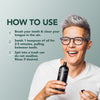 How to use Brilliant Black oil pulling: brush and clean your tongue, swish 1 teaspoon for 2–5 minutes, then spit into the trash