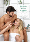 Couple brushing their teeth together, holding Terra & Co. Gentle Green toothpaste – natural micro-hydroxyapatite sourced from earth minerals, not lab-made nano particles