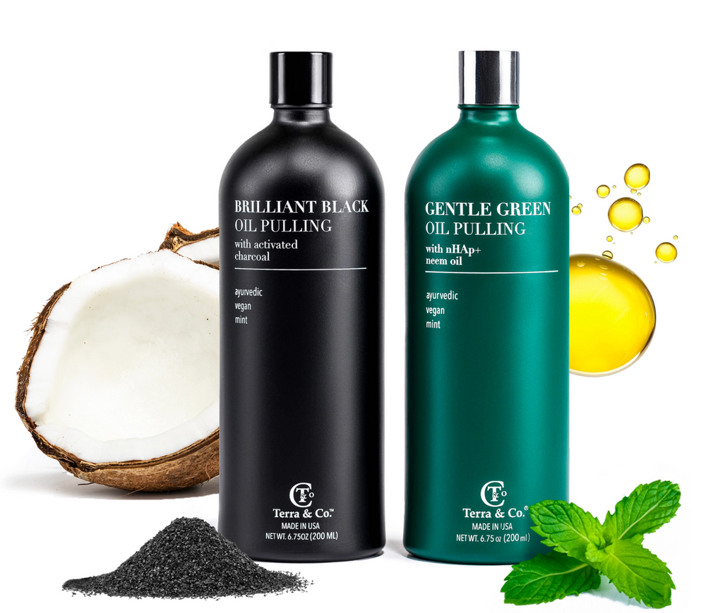 Terra & Co. Brilliant Black charcoal oil pulling and Gentle Green hydroxyapatite oil pulling with coconut, activated charcoal, golden oil and fresh mint