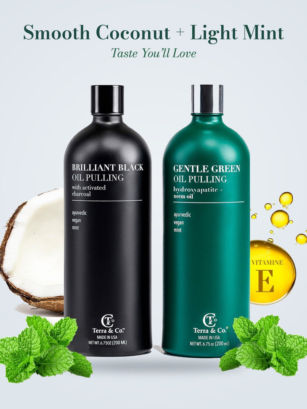 Smooth coconut + light mint taste – Terra & Co. Brilliant Black® and Gentle Green® oil pulling with coconut, fresh mint and vitamin E