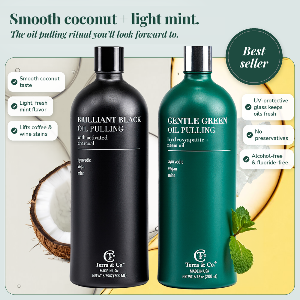 Terra & Co. Brilliant Black and Gentle Green oil pulling, smooth coconut and light mint, in UV-protective glass