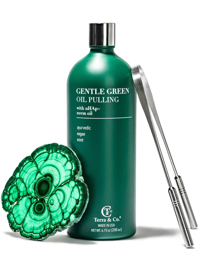 Gentle Green™ Ayurvedic Oral Detox Bundle with stainless steel tongue scraper and fluoride-free oil pulling for fresh breath and enamel support.